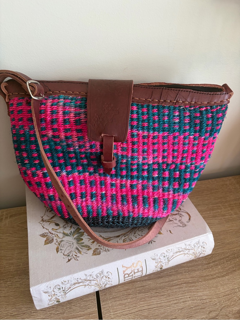 Woven Shoulder Bag in Fuchsia and Teal with Brown Leather Trim
